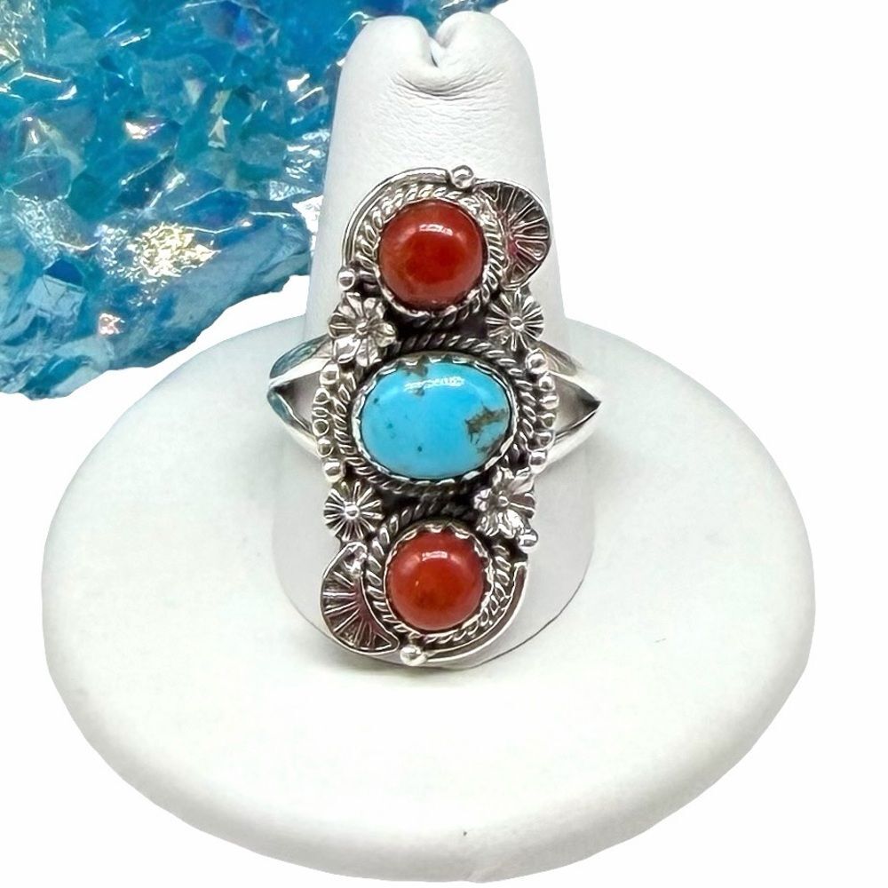 Kingman Turquoise Italian Coral Ring Size 10 Solid 925 Sterling Silver